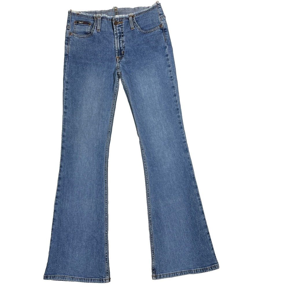 Vintage Y2K l.e.i. Jeans Size 7 Low Rise Flare Raw Deconstructed Waistband Blue